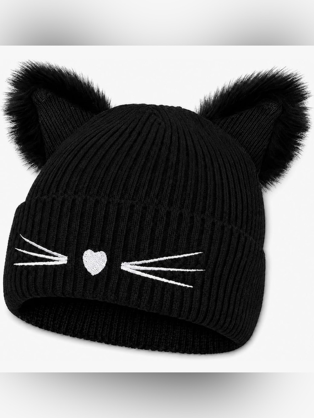 Women Cat Ear Beanie Black Crochet Knitted Hat Y2K Winter Beanie for Adults